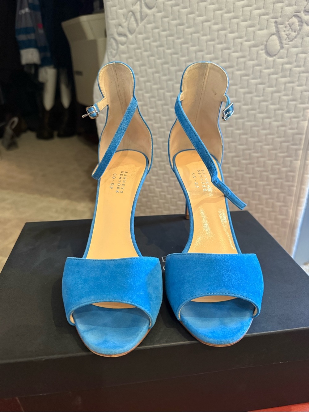 Barneys New York Bright Blue Suede Open-Toe Ankle Strap Heels
